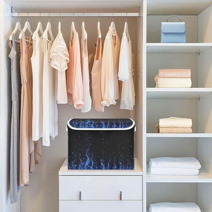 Storage Bins With Lid Stackable Fabric Closet Organizer Clothing Storage Large Boxes For Closet Shelves Bedroom Bright Blue Fire Flame Dots