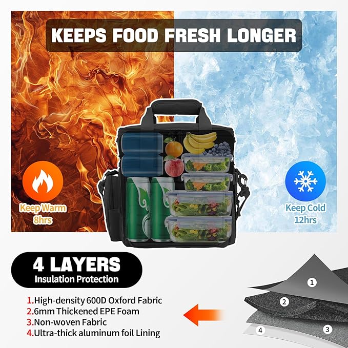 QT&ampQY Tactical Lunch Box for Men Expandable 18L Heavy Duty Military Insulated Cooler Bag Leakproof Thermal Lunch Bag for Work Camping Outdoor Picnic Pail Adult Meal MOLLE Webbing Black