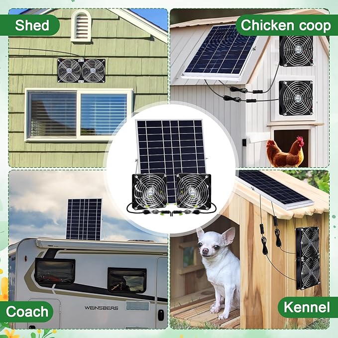 Glooglitter 20w Solar Powered Fan Kit for Chicken Coop IP67 Waterproof Dual Solar Greenhouse Fan 3500 RPM High Speed Exhaust Fan with 10ft Cable for Shed Pet House Window Outside Inside(1 Set)