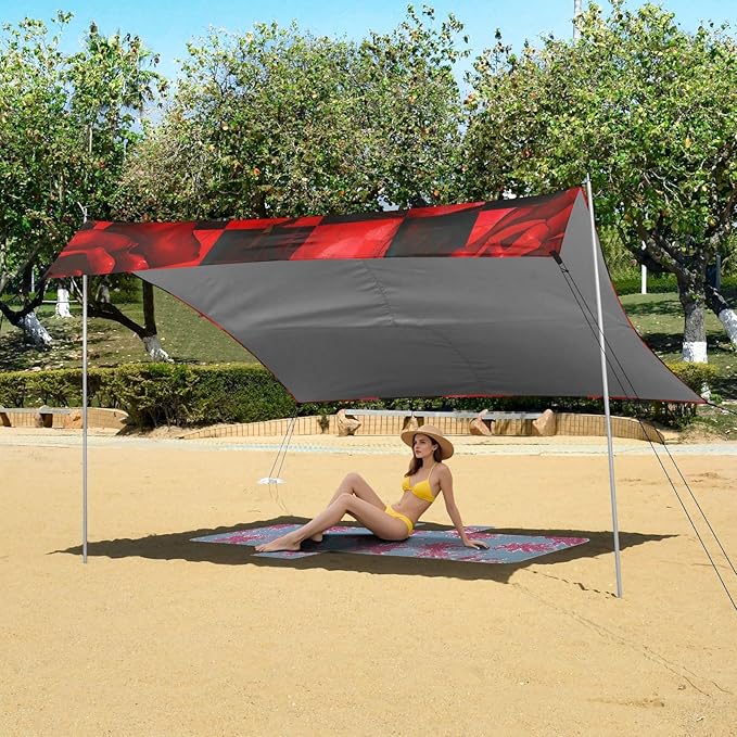 ALAZA Skull Red Rose Flower Beach Tent Sun Shelter UPF50+ Protection Beach Shade Canopy w/ 4 Sandbags for Outdoor Camping Fishing Backyard Fun Picnic 10x9 ft