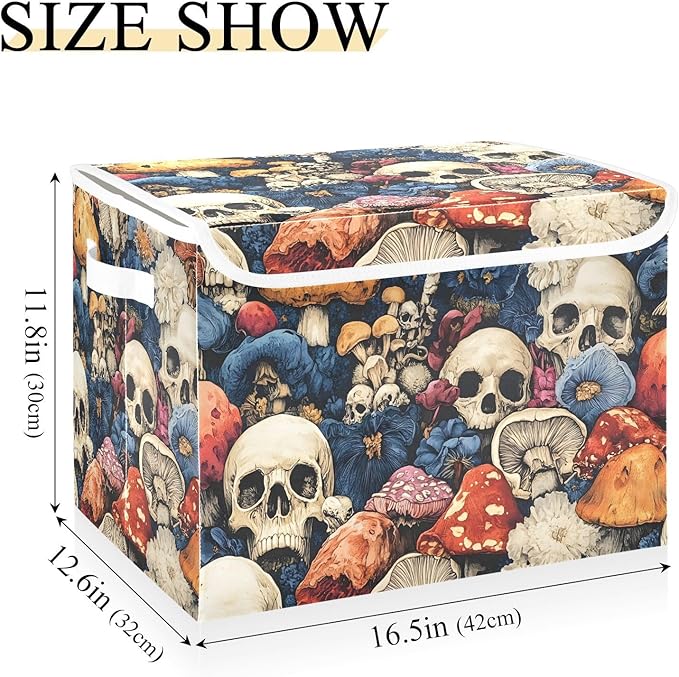 Colorful Skull Mushroom Storage Cube Bins Basket with Lid Collapsible Flip-top Fabric with Handle for Home Bedroom Closet Office 16.5×12.6×11.8 in