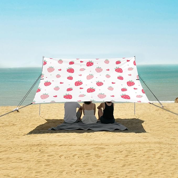 xigua Strawberry Beach Tent Sun Shelter with Carrying Bag - Silver Coated Oxford Fabric Beach Canopy for Beach Camping Fishing - Includes Windproof Ropes Sandbags &amp Stakes