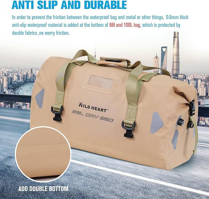WILD HEART Waterproof Motorcycle Duffel Bag PVC500D Double-bottom With Rope Straps and Inner Pocket 40L 66L 100L for Kayaking Camping BoatingMotorcycle