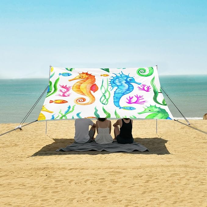 Beach Canopy with Windproof Ropes &amp Sandbags Beach Tent Sun Shade Sun Shelter for Camping Trips Fishing Backyard Fun or Picnics Seahorses