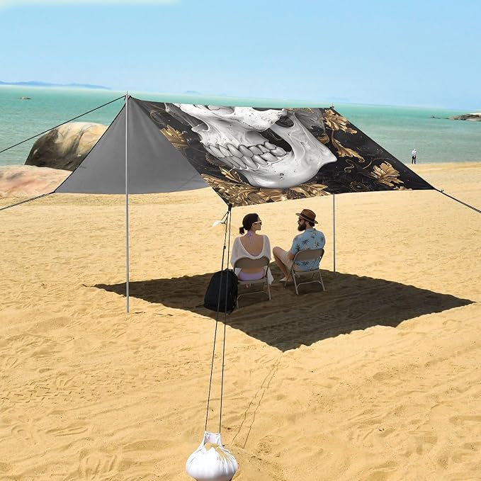 ALAZA Skull Gold Flowers Beach Tent Sun Shelter UPF50+ Protection Beach Shade Canopy w/ 4 Sandbags for Outdoor Camping Fishing Backyard Fun Picnic 10x9 ft