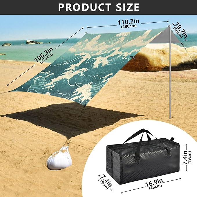 Waves Beach Canopy Sun Shelter with Sandbags &amp Sand Shovel &amp Windproof Ropes - Portable 110x126 Beach Shade Beach Tent for Camping Picnics