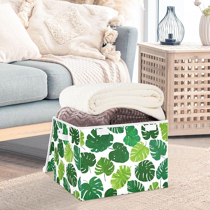 Dark Green Tropical Leaf Collapsible Storage Bins with Lids Decorative Fabric Cubes Closet Organizer Basket Boxes Containers for Clothes Box Chest Folding Rectangle