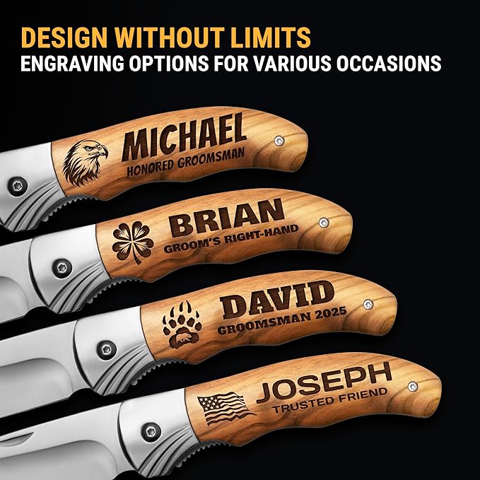 Personalized Pocket Knife for Groomsmen - Custom Folding Knives Set of 3 pcs - Engraved Gifts for Men and Women - Gift for Groomsman Wedding Party Best Man Proposal Gift for Bride Maid 6651 PS