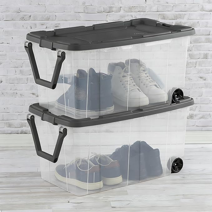 2 Pack 160 Quart Wheeled Storage Bins - Stackable Heavy Duty Clear Totes with Secure Latch Lid &amp Reinforced Pull Handle Ideal for Garage Closet &amp Moving (Clear/Gray)