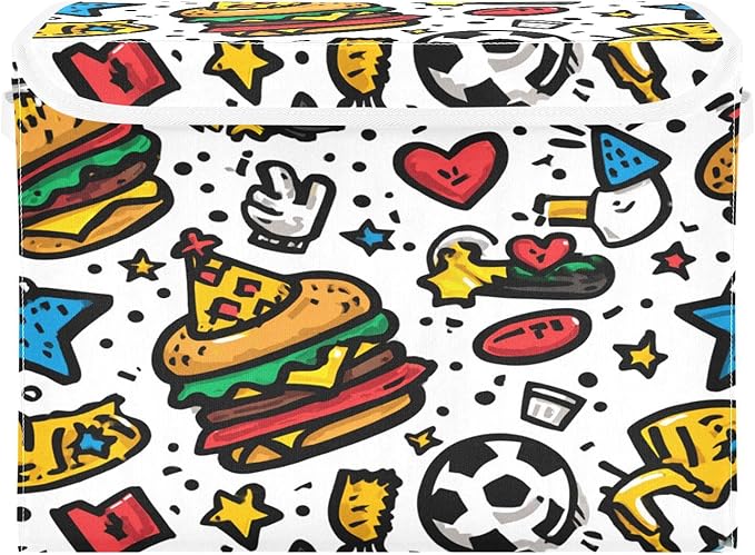 Storage Bins With Lid Stackable Fabric Closet Organizer Clothing Storage Large Boxes For Closet Shelves Bedroom Burger Soccer Heart Eagle Cartoon