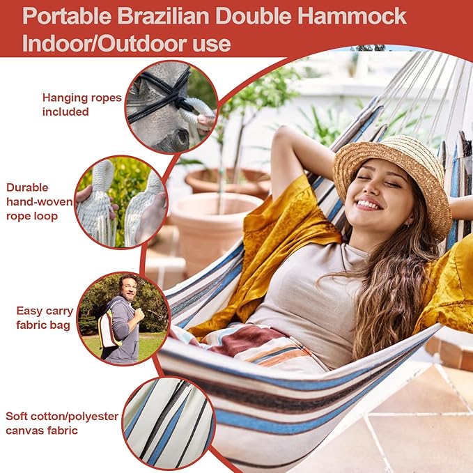 JoyView Brazilian Hammock for Single Person - Portable Cotton Hammock with Hanging Ropes &amp Carry Bag - 78.8x39.4' - 300LBS Capacity - Red &amp Green Stripes