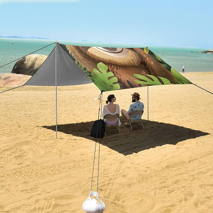 ALAZA Sloth and Tropocal Palm Leaves Beach Tent Sun Shelter Portable Canopy Sunshade for Outdoor Camping Picnics Backyard Fun 10x9 ft