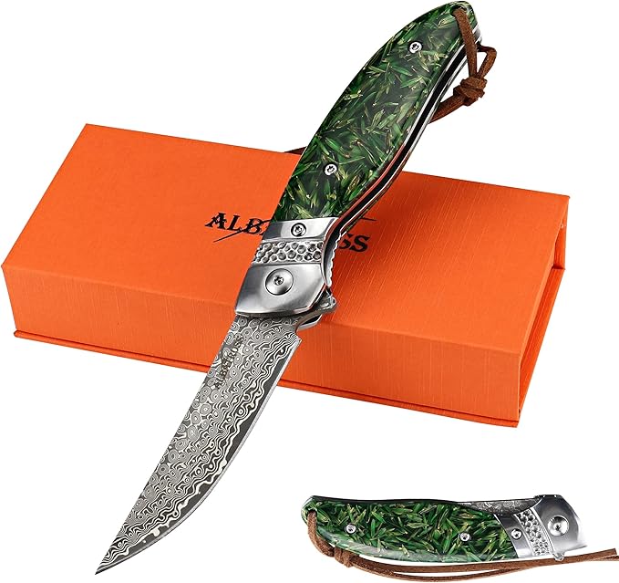 ALBATROSS Damascus Folding Pocket Knife - Premium EDC with VG10 Steel Blade Green Synthetic Handle Ball Bearing Assisted Opening Liner Lock for Outdoor Hunting Camping - Great Gift for Men - HGDK