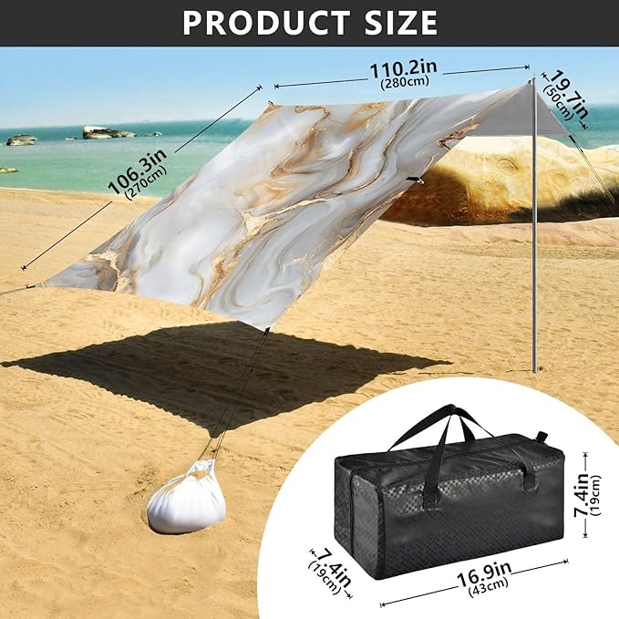 ALAZA White Gold Marble Pattern Beach Tent Sun Shelter Portable Canopy Sunshade for Outdoor Camping Picnics Backyard Fun 10x9 ft