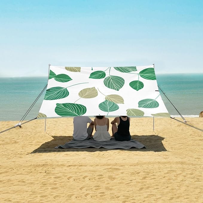 xigua Eucalyptus Leaves Beach Tent Sun Shelter with Carrying Bag - Silver Coated Oxford Fabric Beach Canopy for Beach Camping Fishing - Includes Windproof Ropes Sandbags &amp Stakes