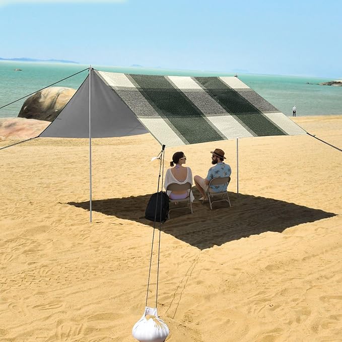 Springgreen Buffalo Plaid Check Tartan Scotland Foldable Beach Cabana UPF50 Lightweight Sun Shelter with Sandbags and Shovel for Family Trips Picnics &amp Camping