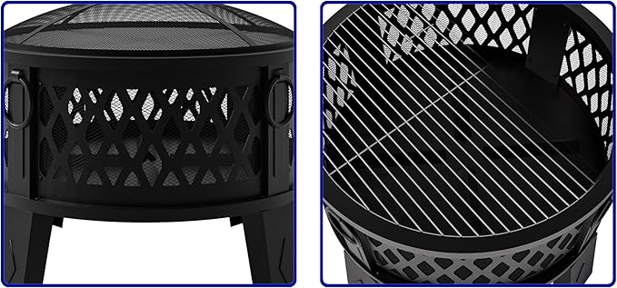 Fire Beauty 26 Steel Fire Pit with Grill &amp Diamond Mesh Design360° Airflow Tech for 80% Less SmokeXL FlamesHeavy-Duty Portable Outdoor Fire Bowl for Camping Backyard Beach (22lbs 4 Handles)