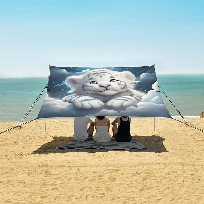 ALAZA Cute White Tiger Starry Beach Tent Sun Shelter UPF50+ Protection Beach Shade Canopy w/ 4 Sandbags for Outdoor Camping Fishing Backyard Fun Picnic 10x9 ft