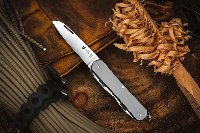 Fox Knives Vulpis FX-VP130-F4 Slipjoint Folding Knife 4-in-1 Multitool 2.17in Blade Bottle Opener Can Opener Flat Head Screwdriver Scissors - Compact Versatile Minimalist Pocket Knife (Titanium)