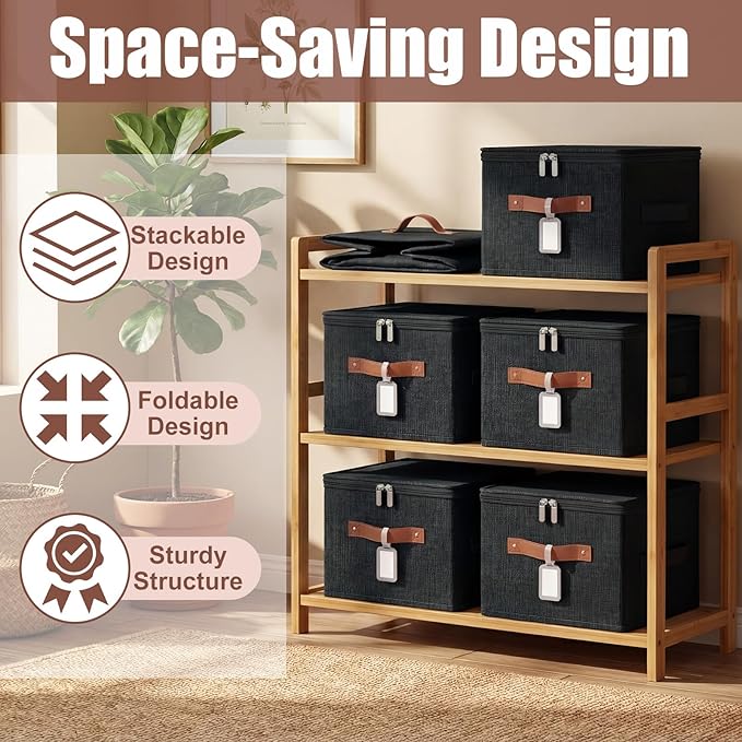 6 Pack Fabric Closet Storage Bins with Zipper Lids and Label 10×8×7In Large Size Foldable Cotton Linen Storage Cubes Boxes with PU Leather Handles Holders for Bedroom Shelf Nursery Black