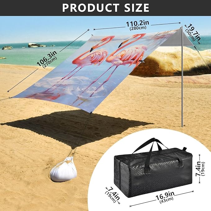 ALAZA Two Cute Flamingos Walking in The Water Swirls Beach Tent Sun Shelter Portable Canopy Sunshade for Outdoor Camping Picnics Backyard Fun 10x9 ft