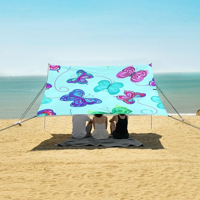 Beach Canopy with Windproof Ropes &amp Sandbags Beach Tent Sun Shade Sun Shelter for Camping Trips Fishing Backyard Fun or Picnics Butterflies