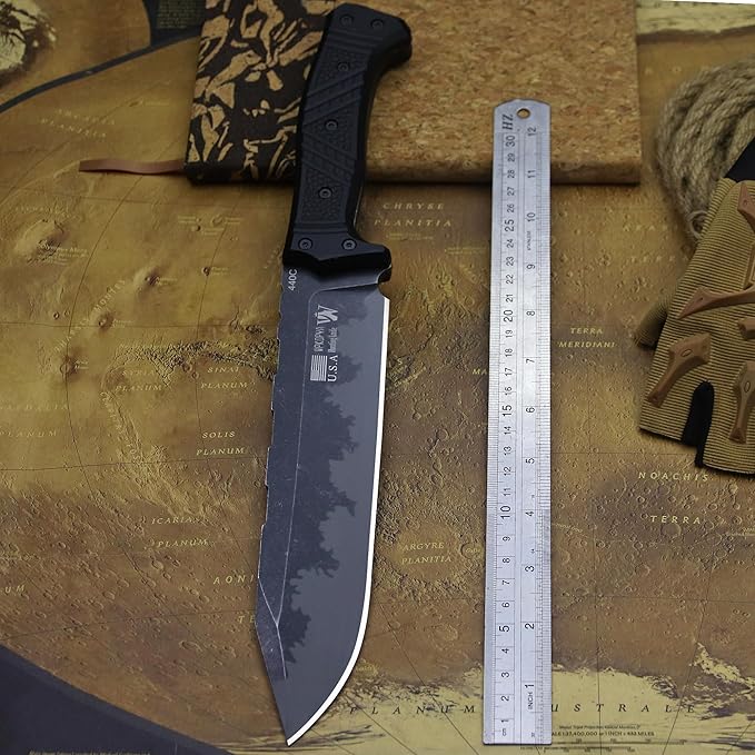 WPKOPYA Full Tang Outdoor Knife – 440C Stainless Steel Blade 6mm Thick 14.8in Overall Nylon Fiber Handle &amp Sheath Camping Hunting Survival Tool (black)