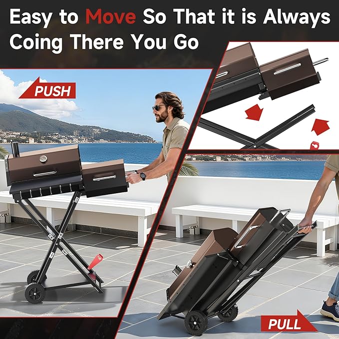Portable Charcoal Grill with Smoking Function Foldable Suitcase Design with Wheels Multi-Tier Storage Rack &amp Waterproof Cover for Outdoor BBQ Parties (Khaki)