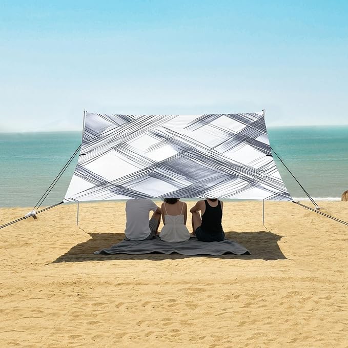 Silver Checked Hand-Drawn Sketch Beach Tent &amp Canopy UPF50+ Protection Easy Setup Shade Sun Shelter with Sandbags &amp Sand Shovel for Backyard and Camping
