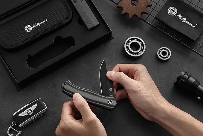Holtzman's Gorilla Survival Folding Pocket Knife with D2 Steel Blade and G10 Handle (Black + Black/Grey) - EDC Gift Set for Men and Women - Perfect for Everyday Carry