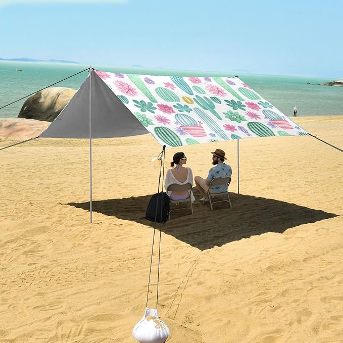 Beach Canopy with Windproof Ropes &amp Sandbags Beach Tent Sun Shade Sun Shelter for Camping Trips Fishing Backyard Fun or Picnics Cactus