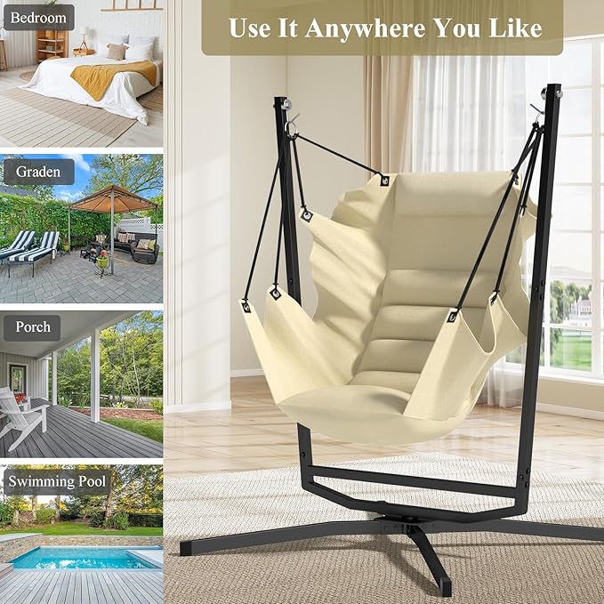 360° Swivel Hammock Swing Chair with Stand - Comfortable Hanging Chair with Cushions (400 lbs Capacity) for Indoor/Outdoor Use - Perfect for Bedroom Patio Porch Deck Garden Balcony