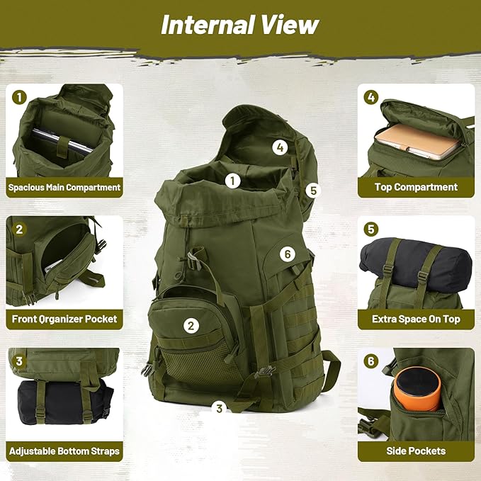50L Tactical Backpack for Men and Women Water-Resistant Molle Rucksack Large Military Assault Pack for Hiking Hunting Camping Gym &amp Outdoor Survival Green