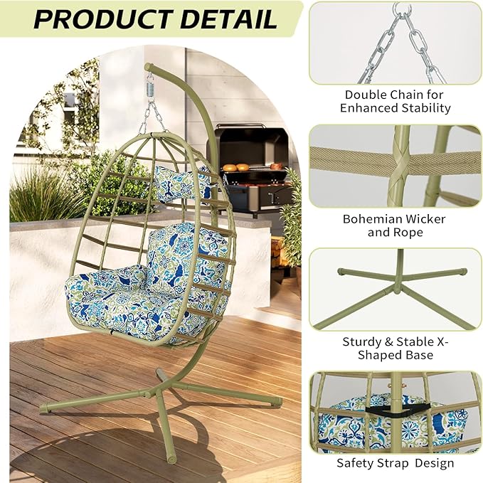 Hanging Egg Chair with Stand Outdoor Indoor Patio Rattan Swing Hammock Chairs with Washable Cushion 350lbs Capacity PE Wicker Swing Chair for Backyard Bedroom Garden (Cyan + Floral Cushion)