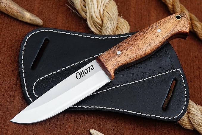 Ottoza Full Tang Bushcraft Knife with 1095 Carbon Steel Fixed Blade - Survival and Outdoor Camping Knife - Black Cross Draw Sheath and Musket Wood Handle 393