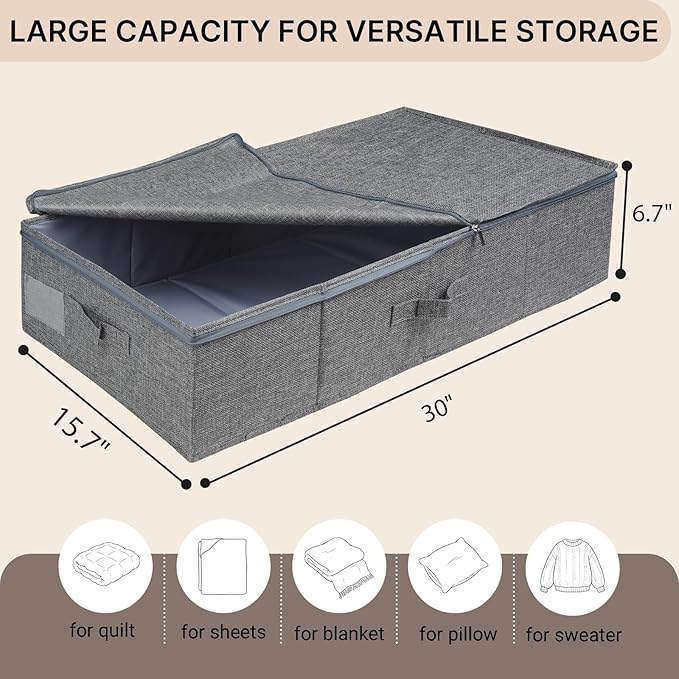 2 Pack Large Under Bed Storage Containers with LidUltra Thick Underbed Clothes Storage Organizer with Sturdy SidewallsFoldable Under Bed Bag for ShoeBlanketsSweater30x15x7 inchGrey