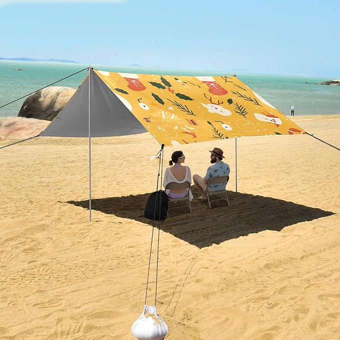 Ho Ho Ho Pattern Funny Christmas Amber Beach Tent UPF50+ Easy Setup Sun Shelter with Sand Shovel for Camping Fishing Backyard Fun