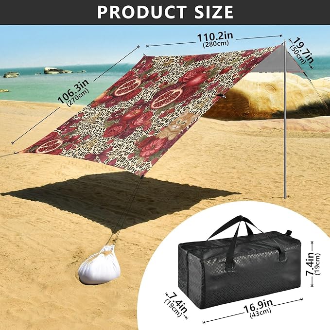xigua Pomegranate Beach Tent Sun Shelter with Carrying Bag - Silver Coated Oxford Fabric Beach Canopy for Beach Camping Fishing - Includes Windproof Ropes Sandbags &amp Stakes