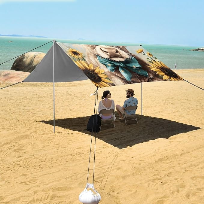ALAZA Cute Baby Highland Cow Sunflower Bow Beach Tent Sun Shelter Portable Canopy Sunshade for Outdoor Camping Picnics Backyard Fun 10x9 ft