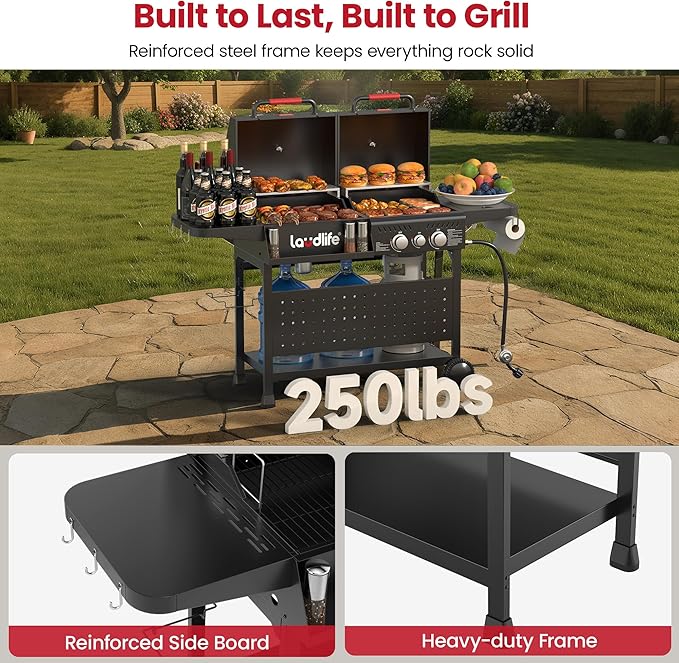Gas and Charcoal Grill Combo with Side Burner 3 Burners Propane BBQ Grill 748 SQ.IN Cooking Space Non-Stick Enamel Coating Grates Heavy-Duty Stand for Backyard &amp Outdoor Barbecue