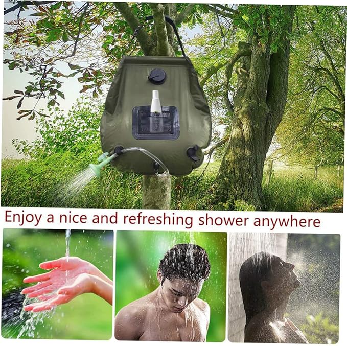 Mikikit Solar Shower Bag for Camping and Hiking Shower Nozzle Portable Outdoor Water Storage Olive Green for Traveling Beach and Picnics