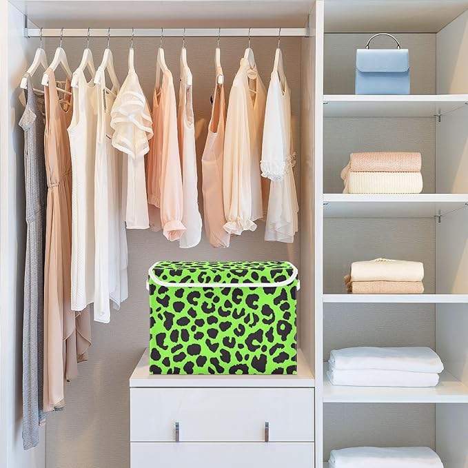 Storage Cube with Lid Green Leopard Camo Print 16.5×12.6×11.8 IN Collapsible Large Capacity Foldable Storage Basket Bin Organizer