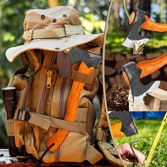 NEDFOSS Mammoth Camping Hatchet Axe 15.5 Hand Forged Splitting Axe Outdoor Wood Splitting Chopping Tool High Carbon Steel &amp Wooden Handle Bushcraft Survival Axe with Leather Sheath for Men Wome