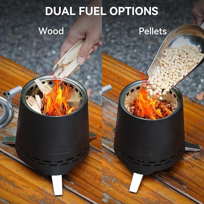 ONLYFIRE OUTDOOR LIVING 2-in-1 Smokeless Fire Pit with Pot Bracket &amp Carry Bag 7.8” Portable Camping Stove Wood Burning Mini Tabletop Fireplace for Patio Backyard RV Tailgating Black FP053