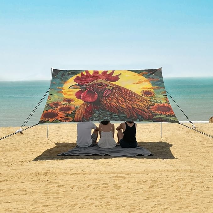 ALAZA Rooster Sun Sunflower Beach Tent Sun Shelter Portable Canopy Sunshade for Outdoor Camping Picnics Backyard Fun 10x9 ft