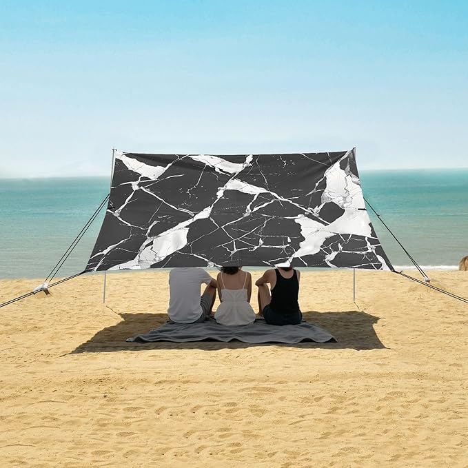 ALAZA Black and White Marble Pattern Beach Tent Sun Shelter Portable Canopy Sunshade for Outdoor Camping Picnics Backyard Fun 10x9 ft