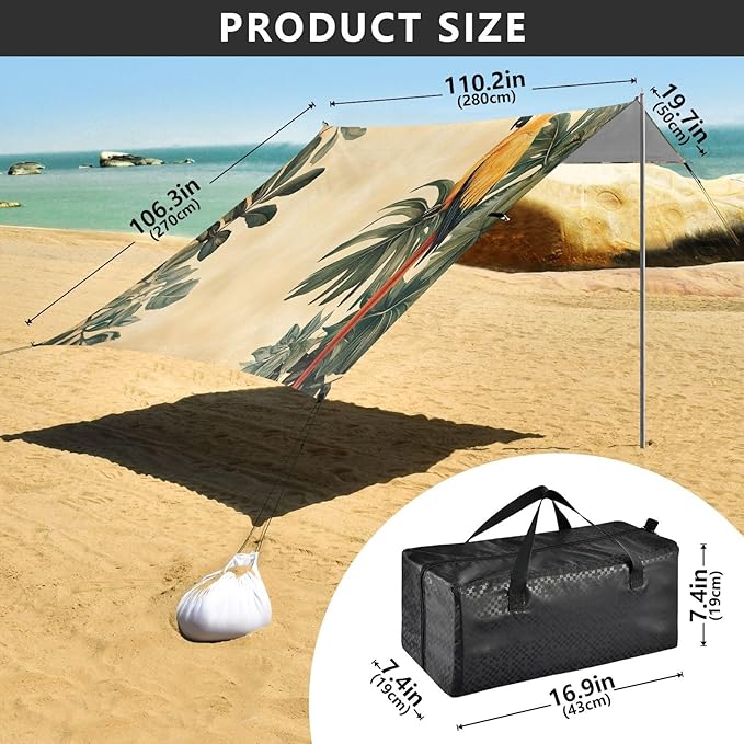 Vintage Parrot Pattern Beach Tent Sun Shelter Set UPF50+ UV Protection 10.5 x 9.19 FT Camping Shade Canopy with Sandbags Sand Anchors Carrying Bag and Others