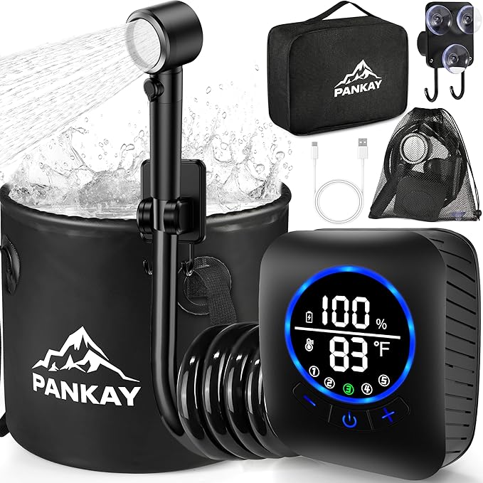 Portable Shower for Camping 8000mAh Rechargeable Camping Shower Pump with XL Foldable Bucket IPX8 Waterproof Surrounding Water Inlet 5 Pressure Modes Outdoor Shower Pump for Hiking Travel Pet