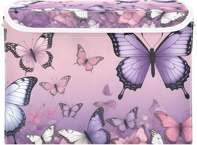 Storage Cube with Lid Purple Butterflies Print Collapsible Large Capacity Foldable Storage Basket Bin Organizer 16.5×12.6×11.8 IN