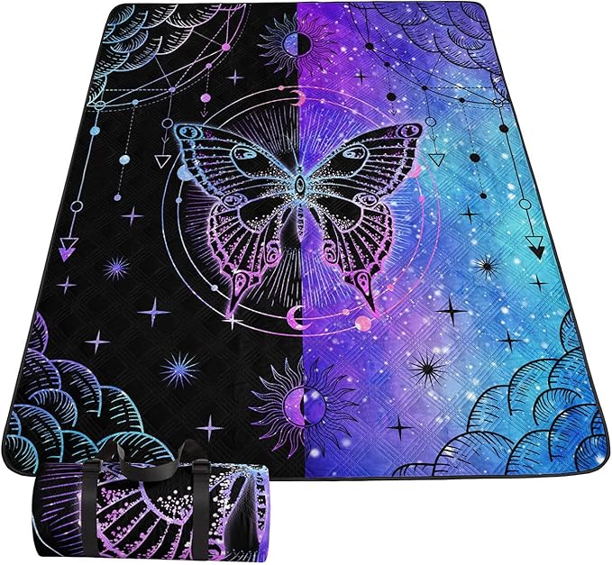 Outdoor Picnic Blanket Portable Ultrasonic Waterproof Picnic Mat Symmetrical Butterfly Printed Camping Beach Mat for Sand and Wet Grass Hiking (Symmetrical Butterfly1 L)